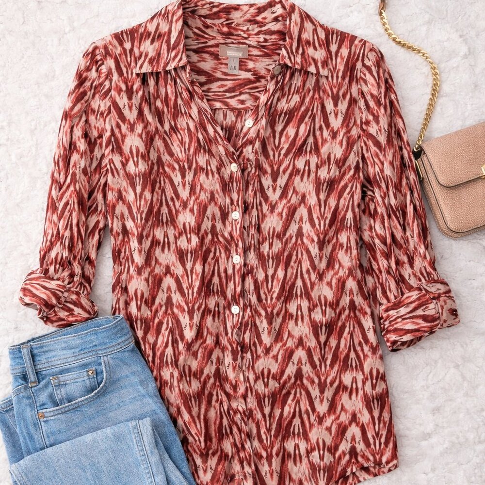 Chico's Red Ikat Print Button Blouse Boho Career Casual Roll Sleeve Top 0 Size 4